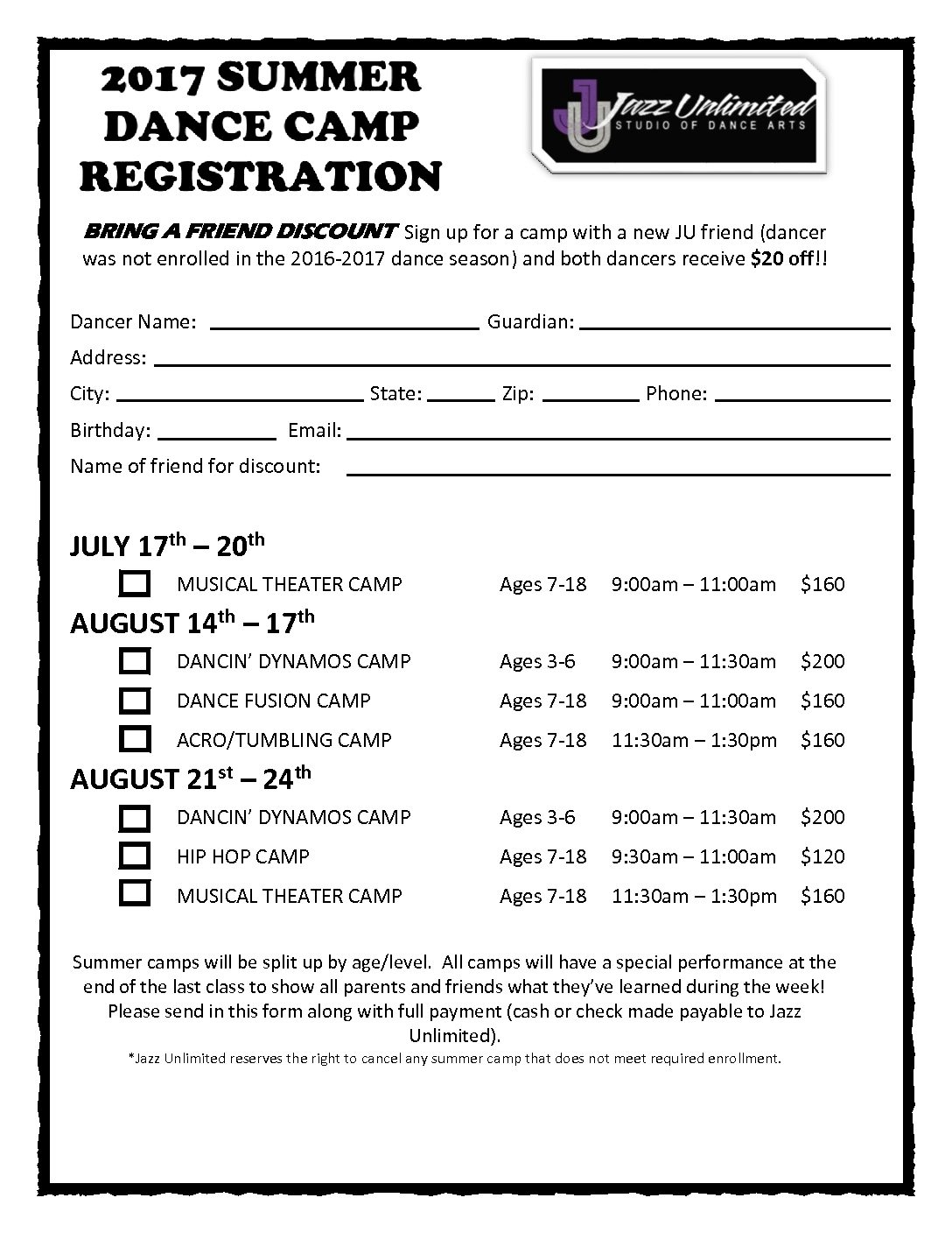 2017 JU Summer Camp Registration Form V2 Jazz Unlimited