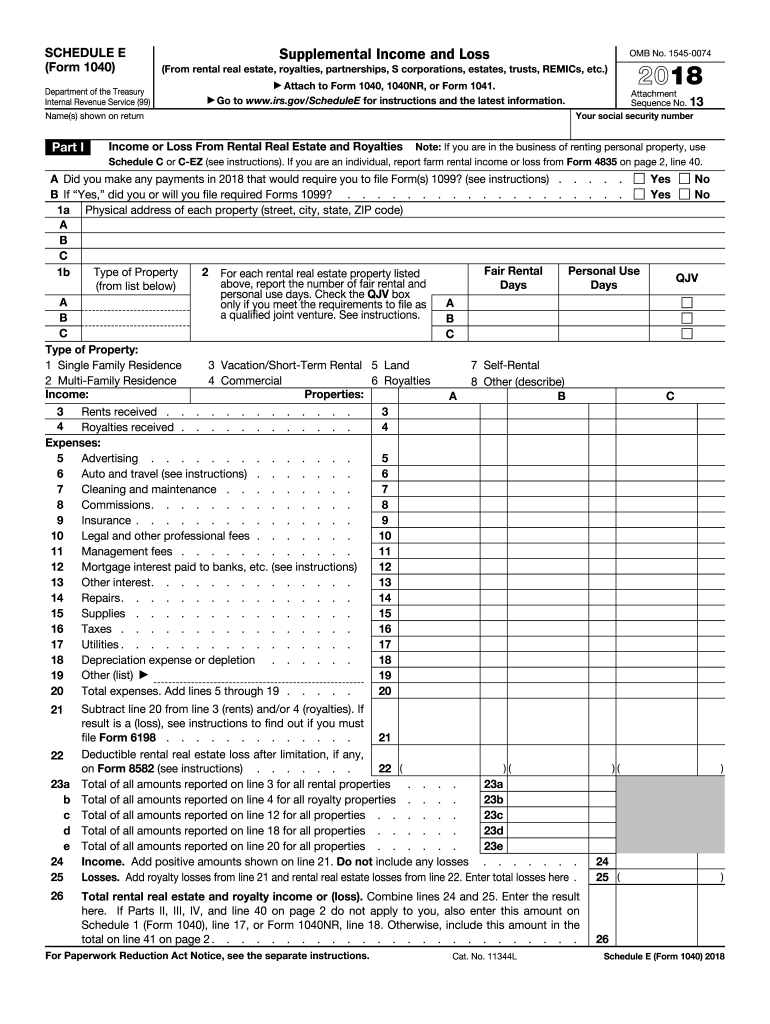 2018 Form IRS 1040 Schedule E Fill Online Printable Fillable Blank 