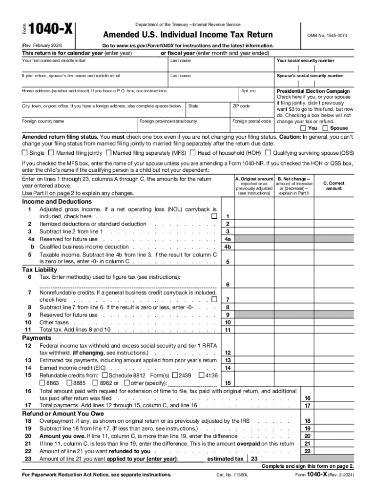 2024 Form IRS 1040 X Fill Online Printable Fillable Blank PdfFiller