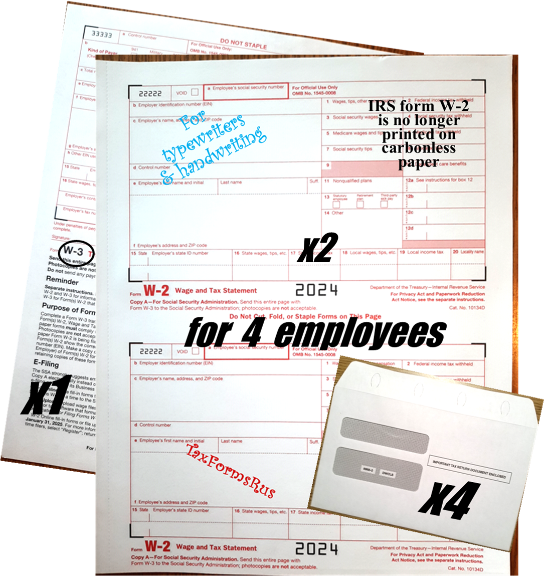 2024 IRS TAX FORMS KIT W 2 Wage Stmts NON Carbonless 4 Employees Env 1 W 3 EBay