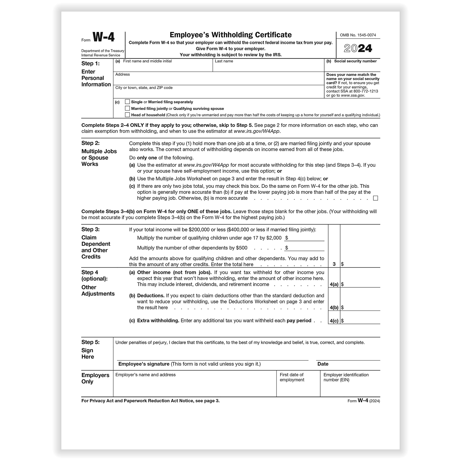 2024 IRS W 4 Form HRdirect Worksheets Library