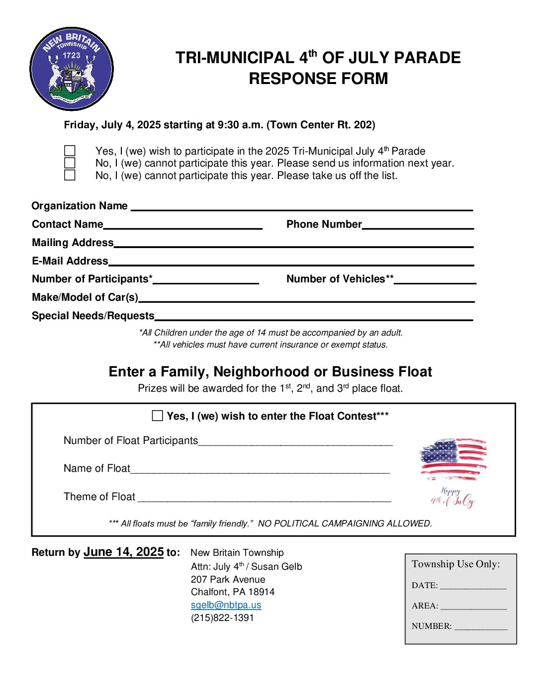 2025 July 4th PARTICIPANT REGISTRATION FORM New Britain Borough Pennsylvania