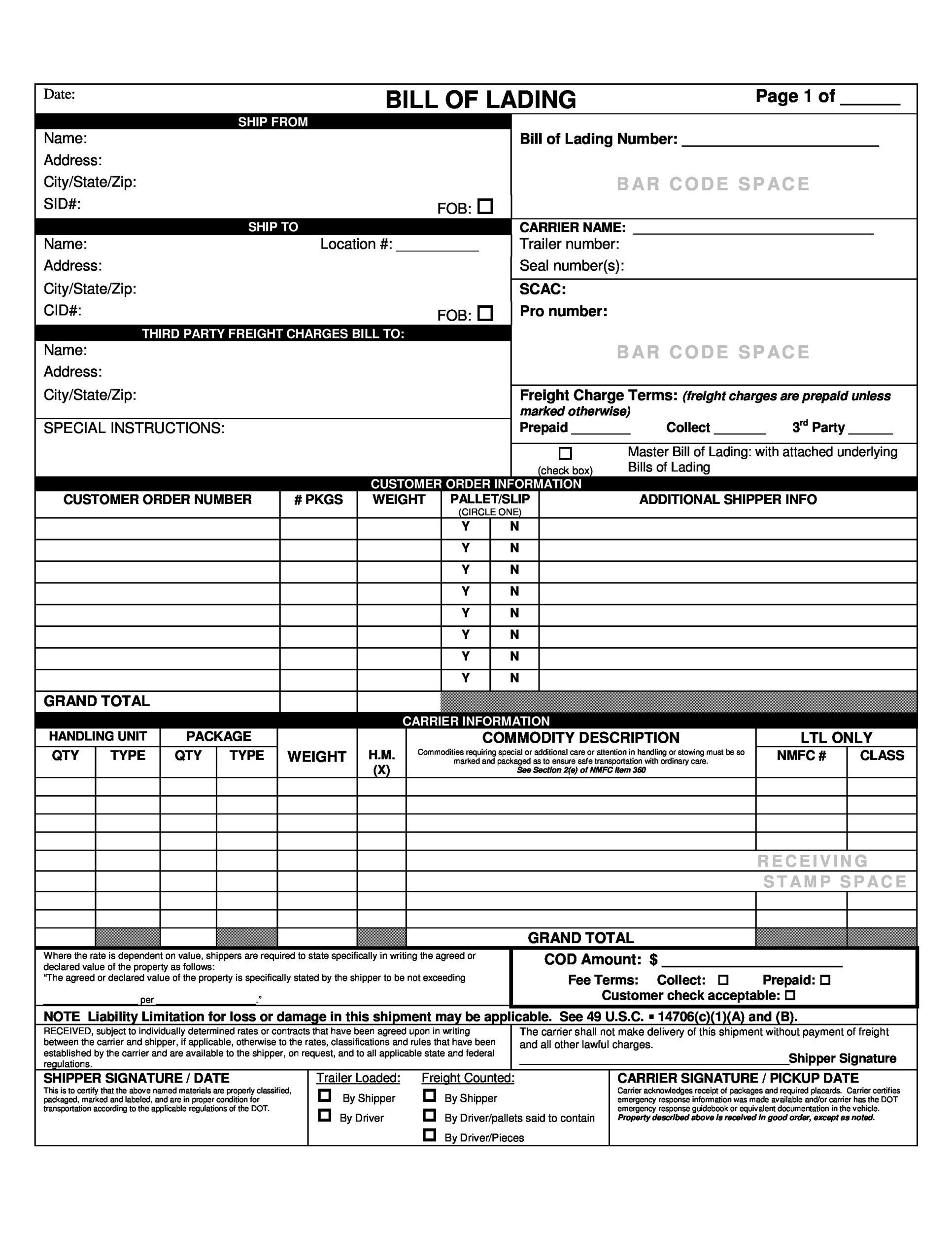 40 Free Bill Of Lading Forms U0026 Templates TemplateLab