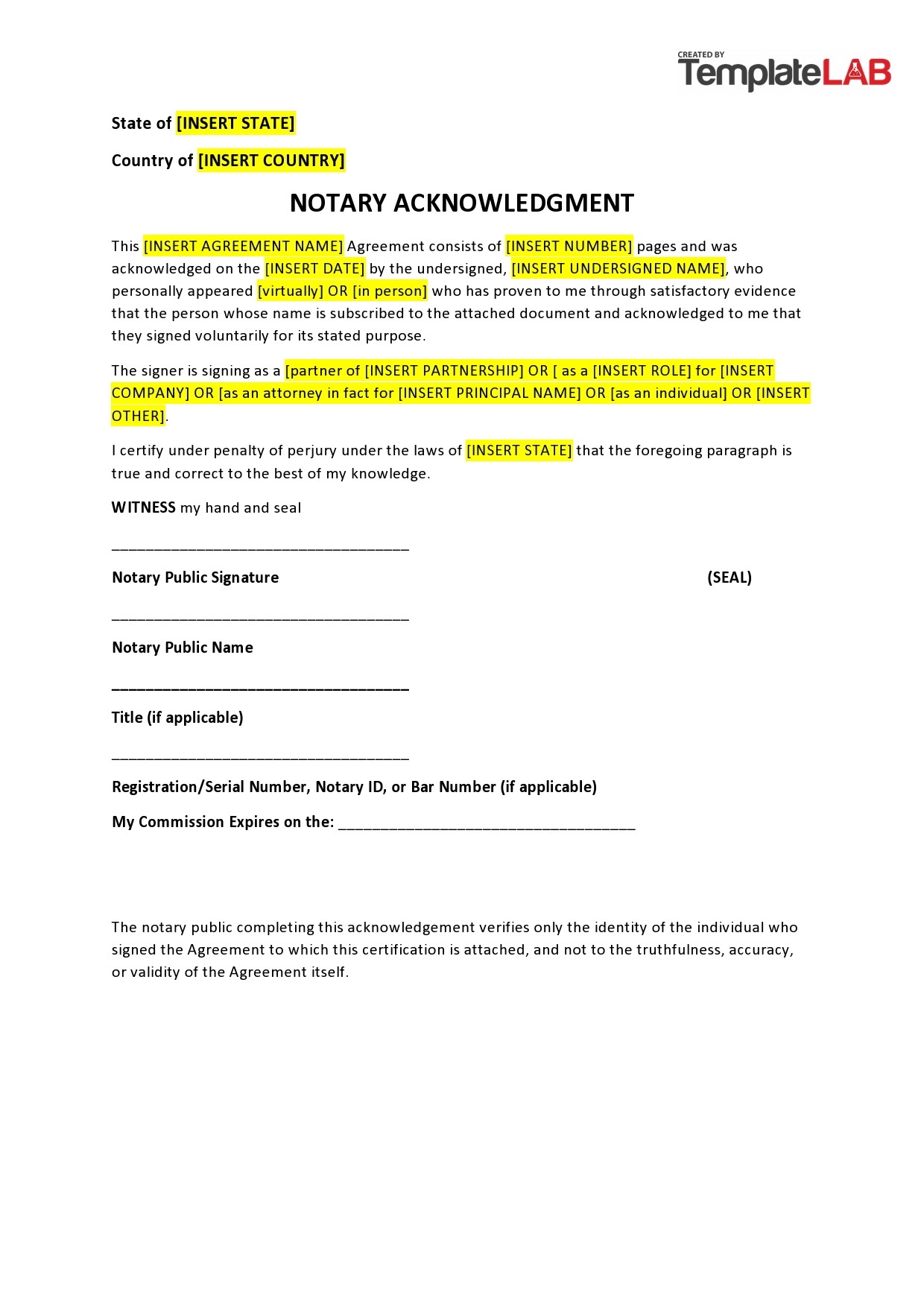 40 Free Notary Acknowledgement U0026 Statement Templates TemplateLab