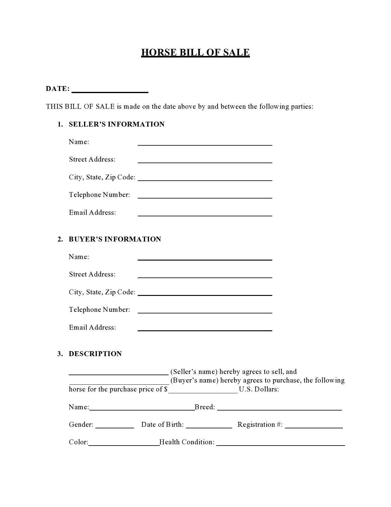 42 Printable Horse Bill Of Sale Forms u0026 Templates TemplateLab