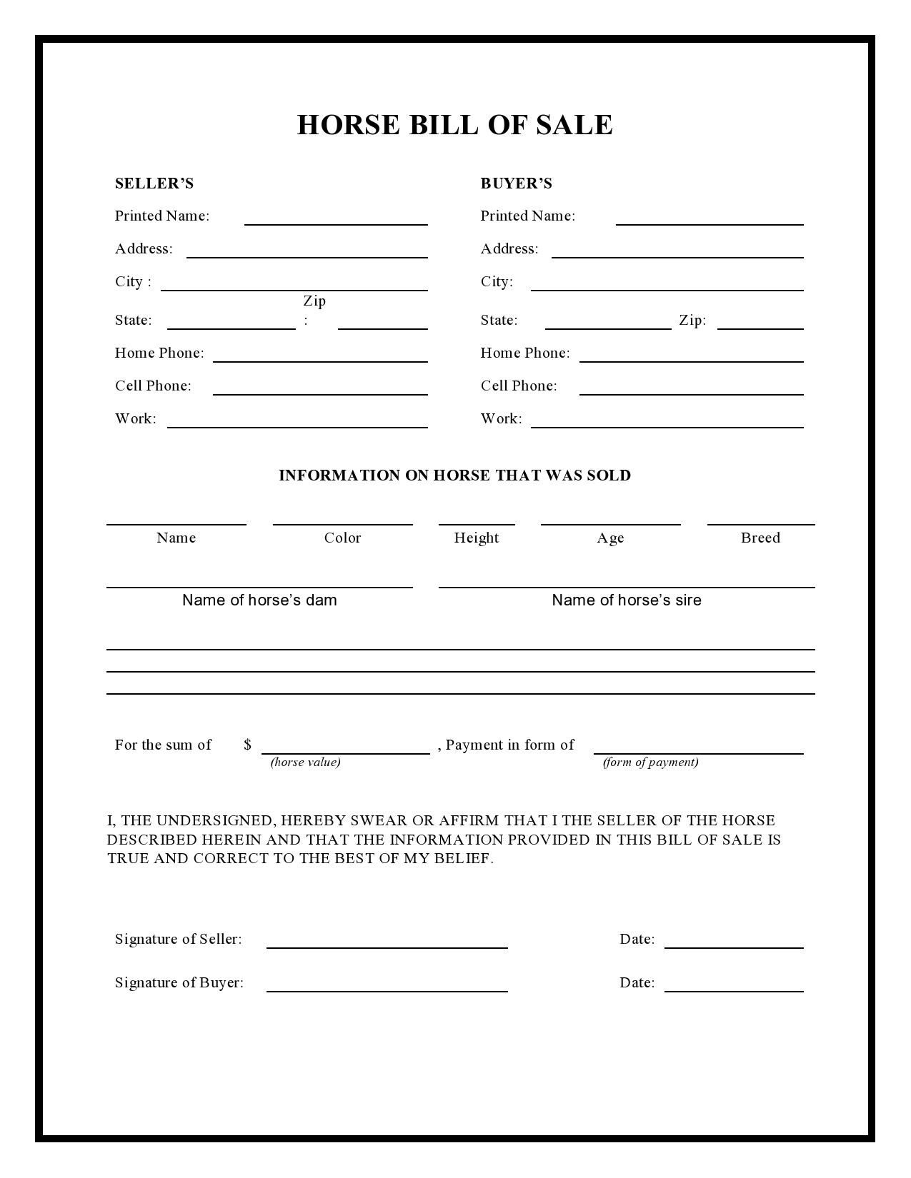 42 Printable Horse Bill Of Sale Forms u0026 Templates TemplateLab
