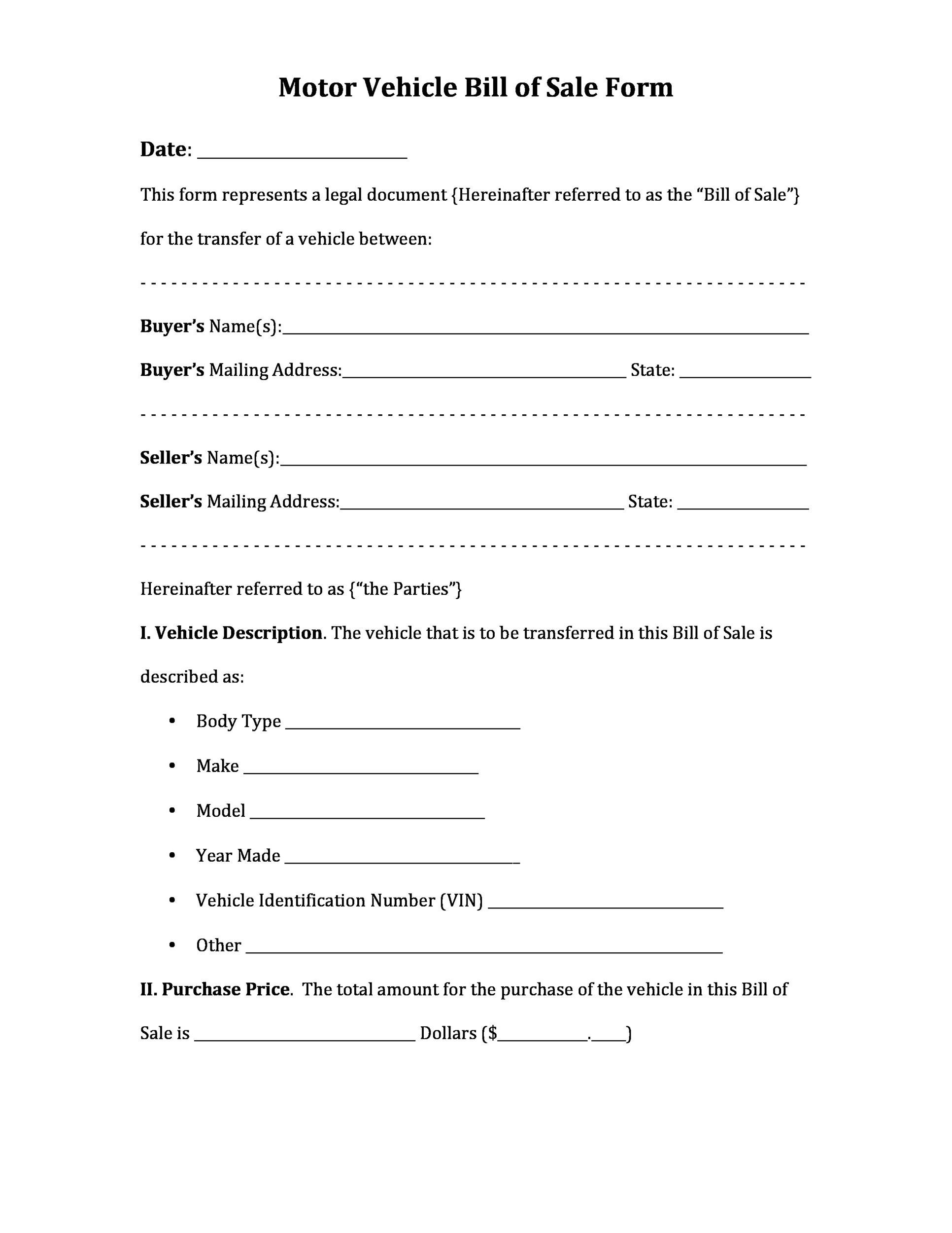 42 Printable Vehicle Purchase Agreement Templates Word PDF 
