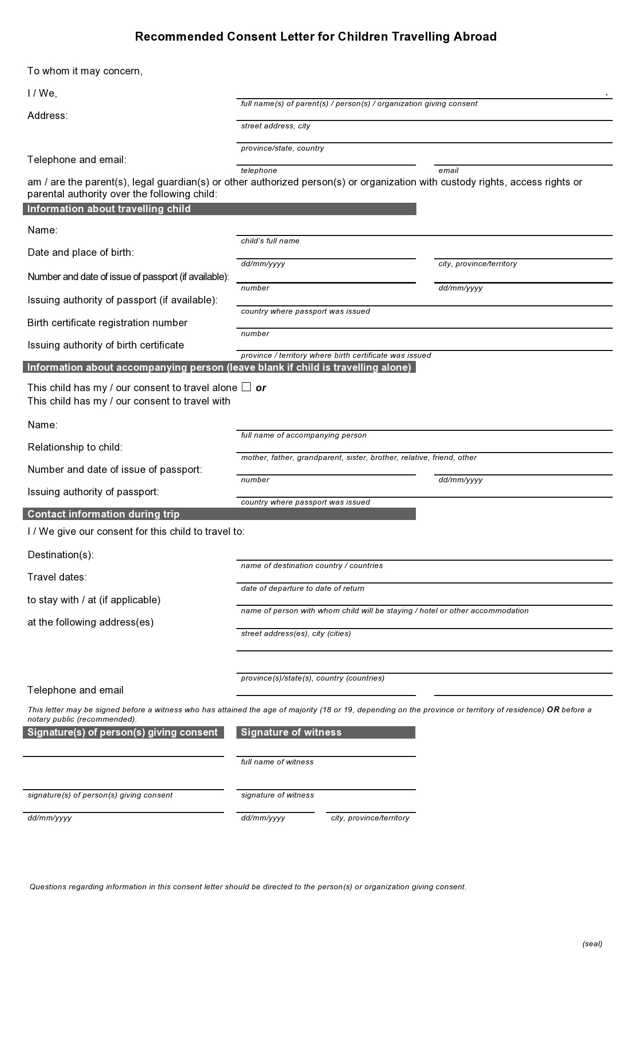 45 Printable Child Travel Consent Forms Word U0026 PDF 