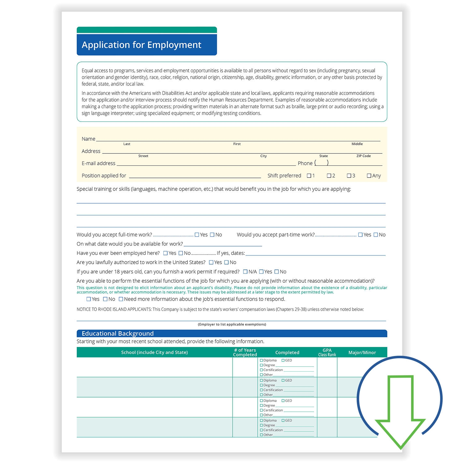 50 State Compliant Printable Job Application Short Form HRdirect