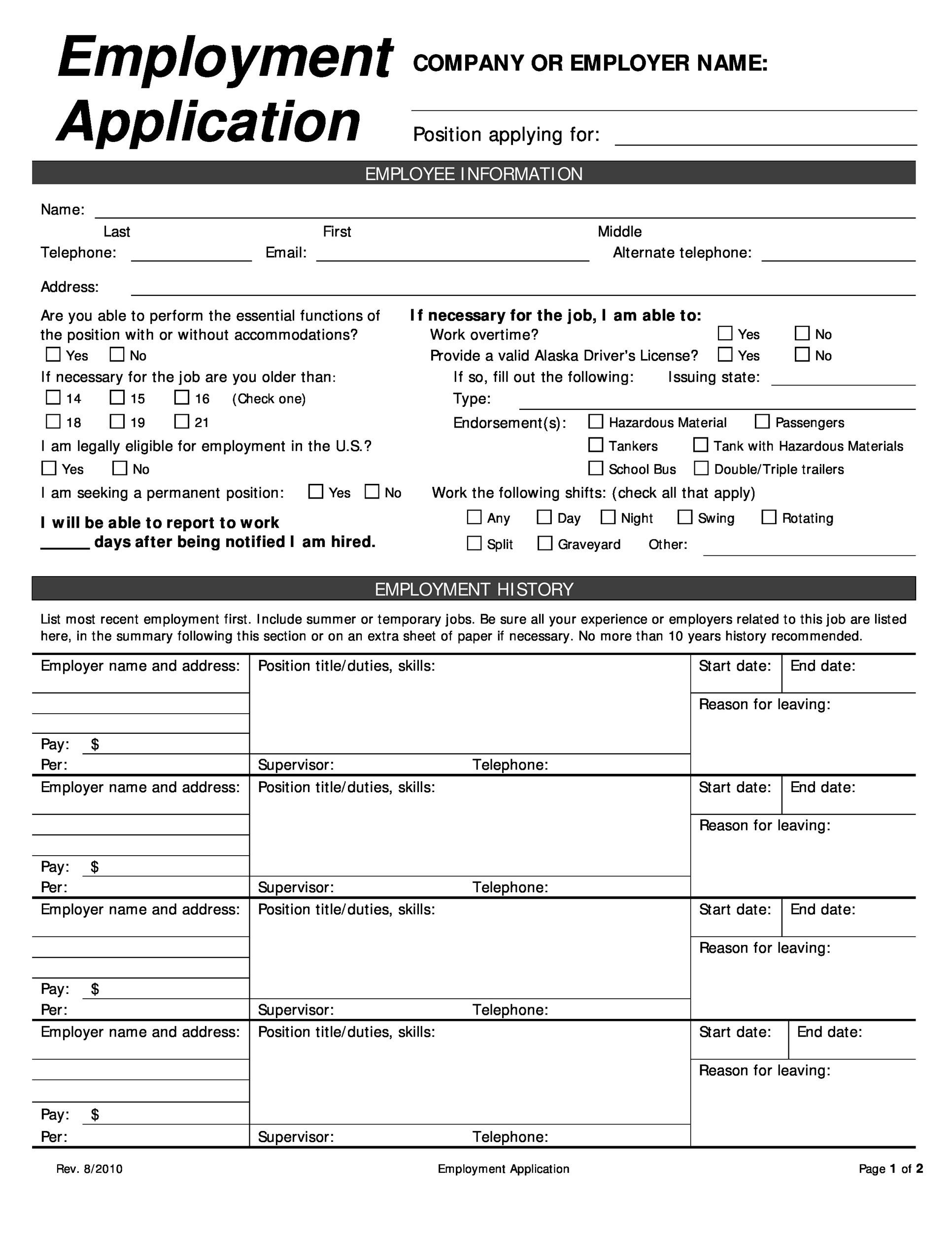 56 Free Employment U0026 Job Application Form Templates Printable TemplateLab