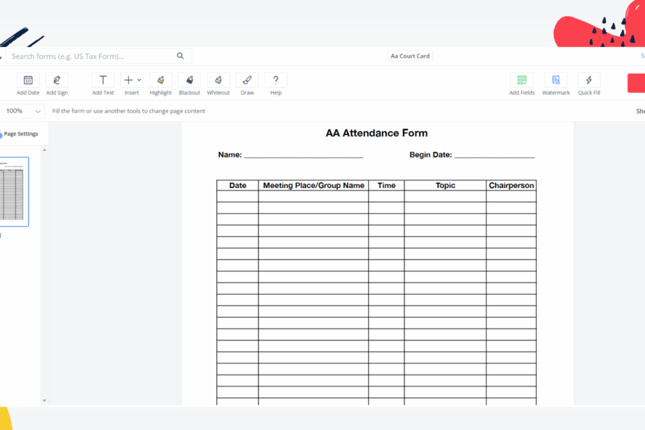 AA Attendance Form Sign Online PDFLiner
