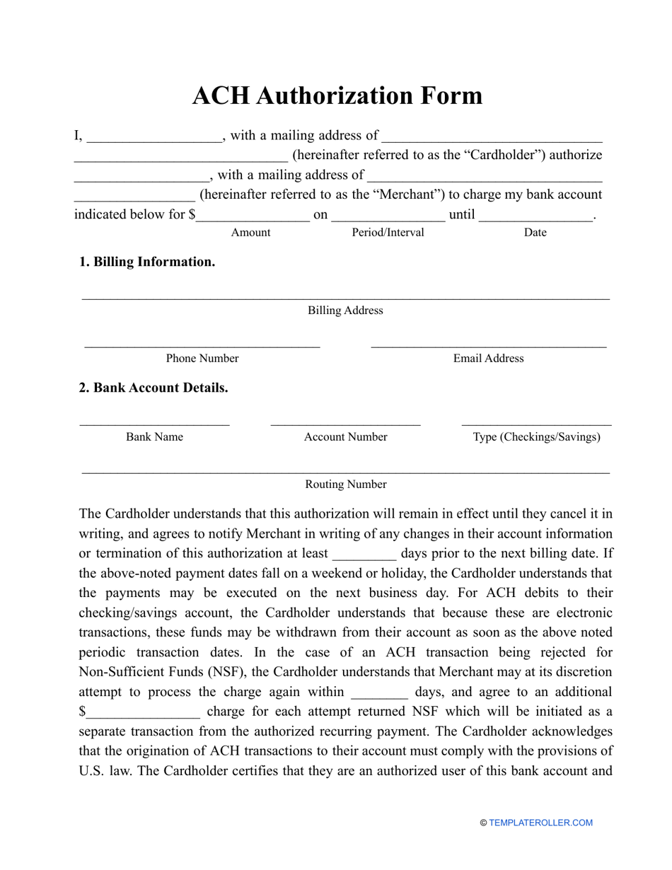 ACH Authorization Form Fill Out Sign Online And Download PDF Templateroller