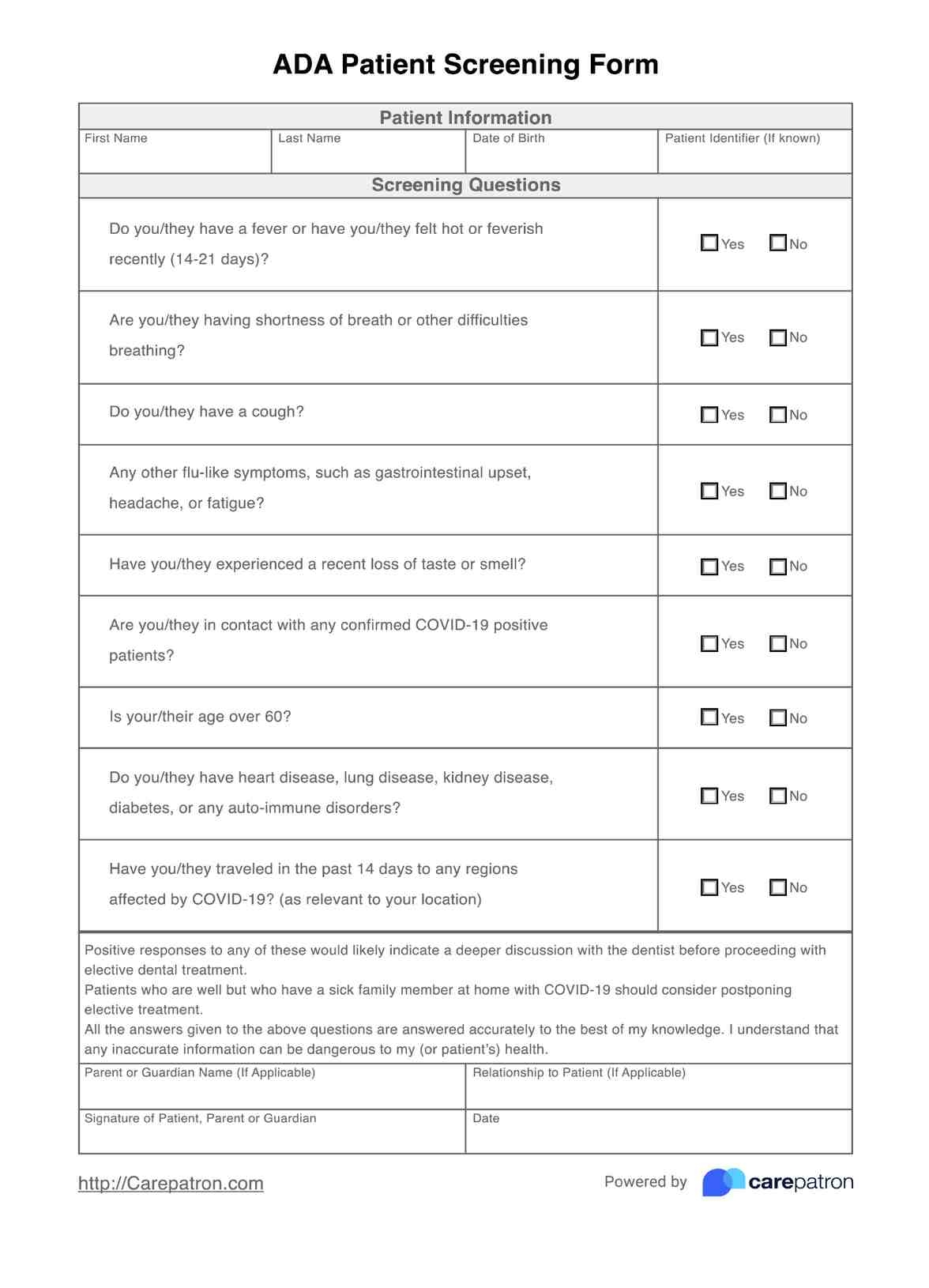 ADA Patient Screening Form