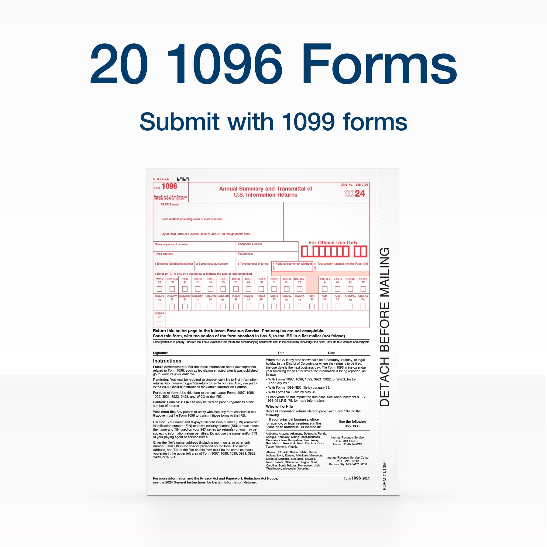 Adams 1096 Form Printable Adams 1096 Tax Forms 20 Pack 2024 IRS Compliant Summary Sheets Adams Irs 1096 Printable