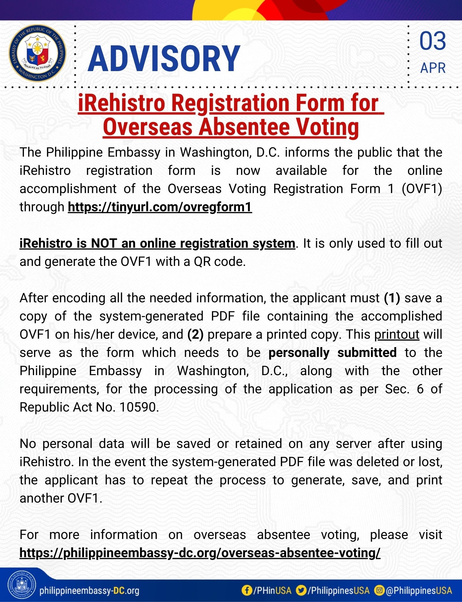 ADVISORY ON AVAILABILITY OF IREHISTRO FOR OVERSEAS VOTING REGISTRATION FORM Embassy Of The Republic Of The Philippines
