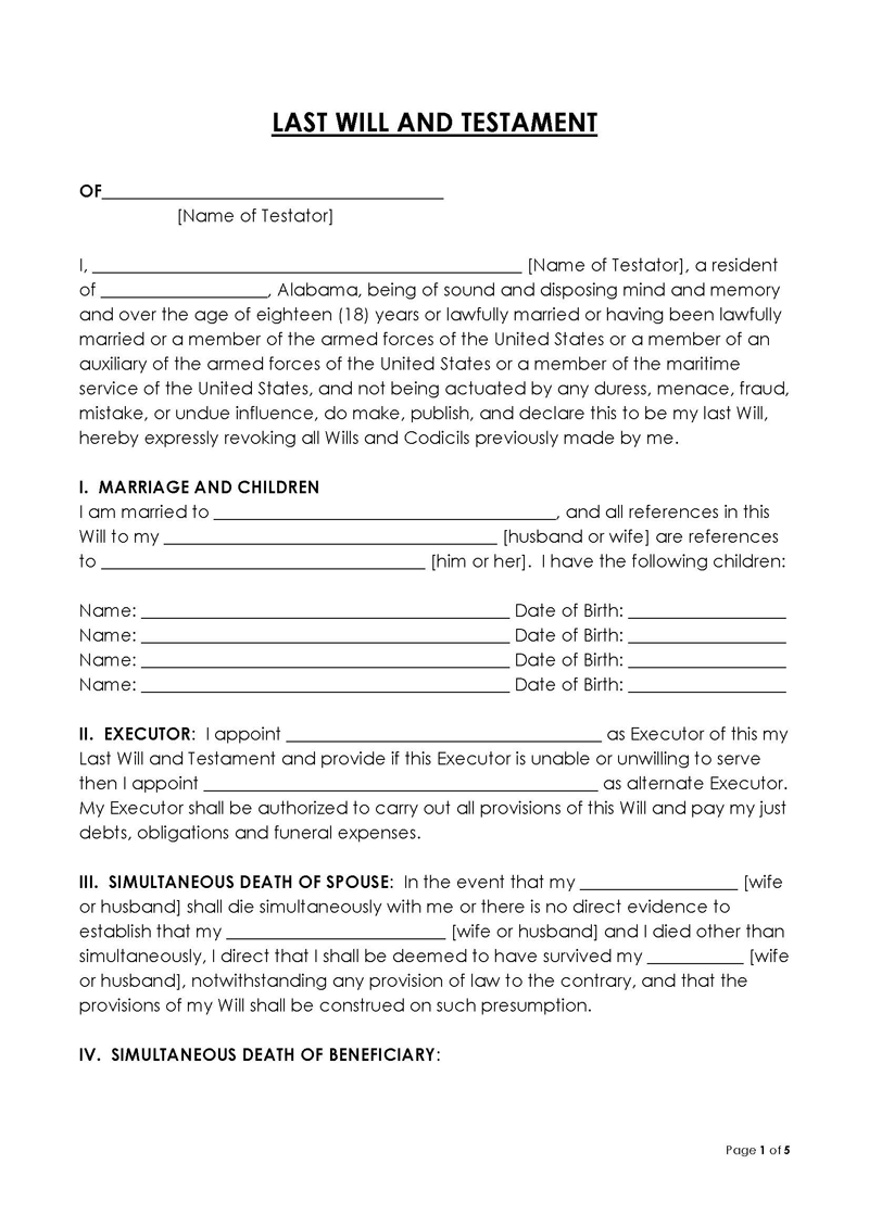 Alabama Last Will And Testament Templates Word PDF