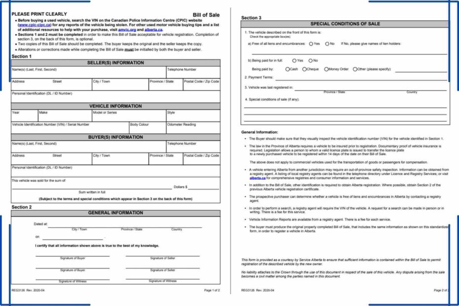 Alberta Vehicle Bill Of Sale Canada Free Printable PDF Print