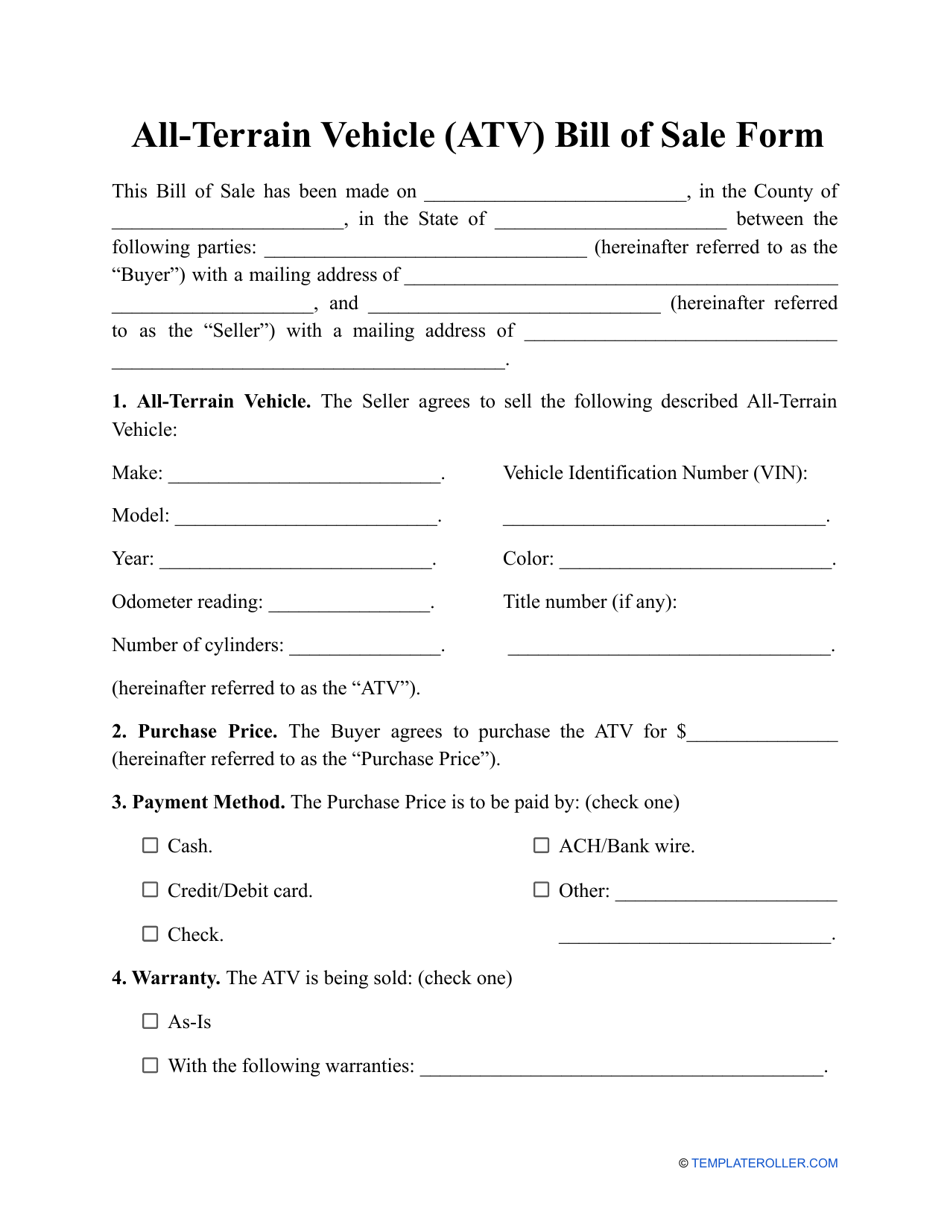 All terrain Vehicle Atv Bill Of Sale Form Fill Out Sign 