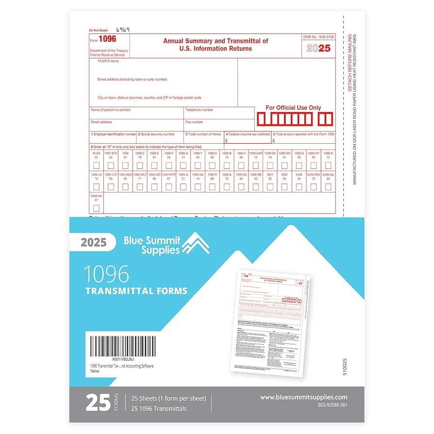 Amazon 1096 Transmittal 2025 Tax Forms 25 Pack Of 1096 Summary Laser Forms Compatible With QuickBooks And Accounting Software Office Products