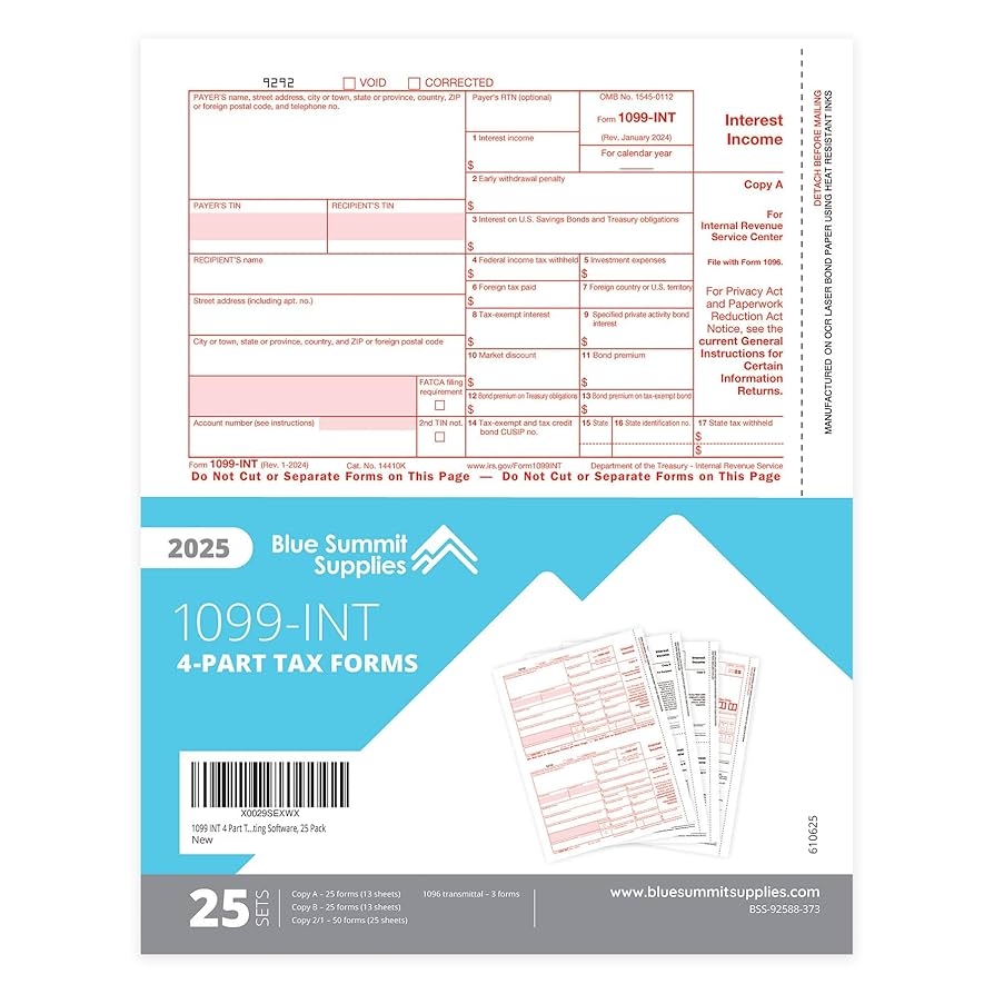 Amazon 2025 1099 INT 4 Part Interest Tax Forms 25 Laser 