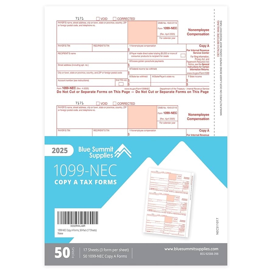 Amazon Blue Summit Supplies 1099 NEC Copy A Forms 2025 50 Pack New Tax Forms For Reporting Nonemployee Compensation For Independent Contractors Copy A ONLY 50 Pack 17 Sheets 3 Forms Per Sheet Office Products