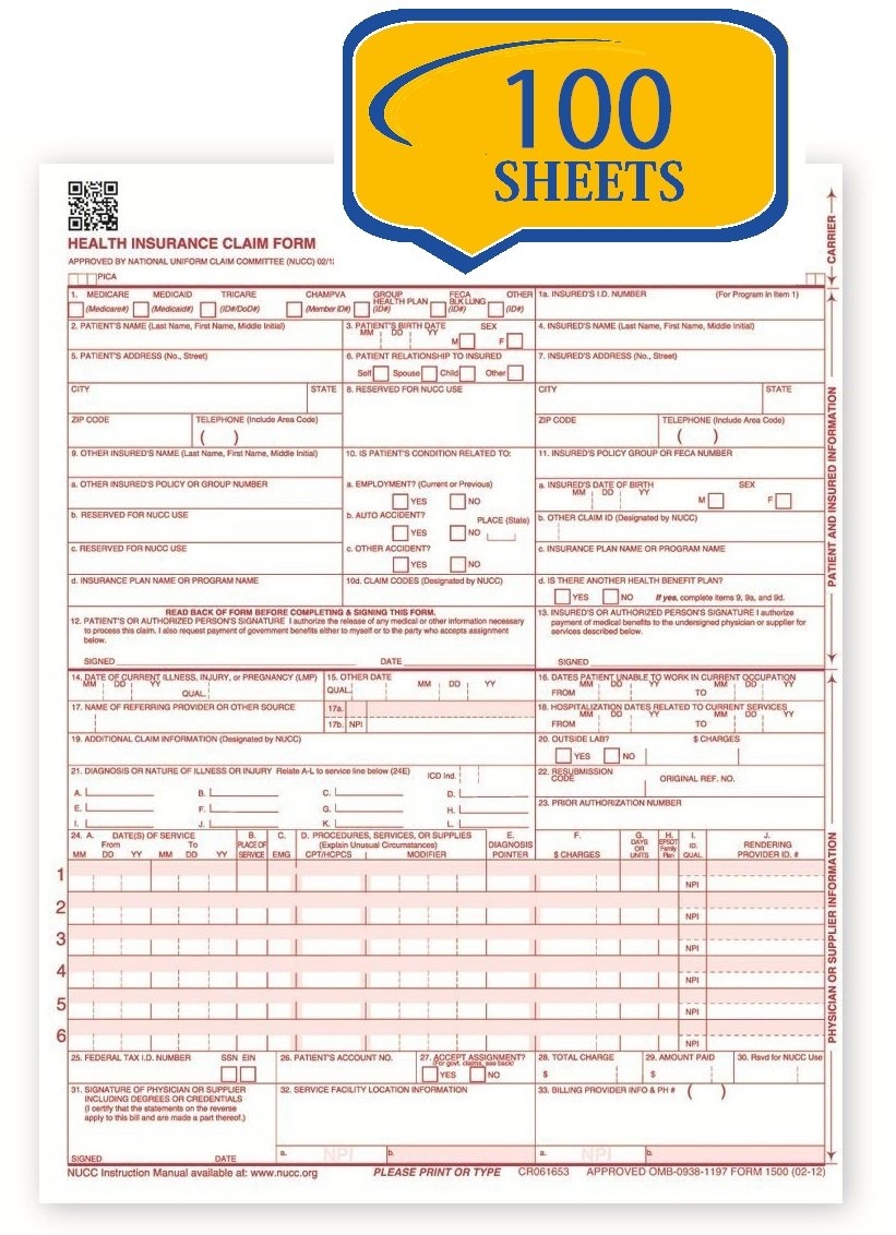 Amazon New CMS 1500 Claim Forms HCFA Version 02 12 100 Sheets Office Products