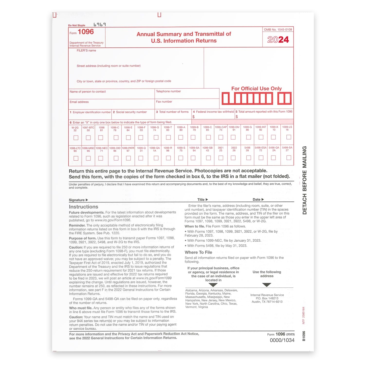 Amazon NextDayLabels 1096 Transmittal 2024 Tax Forms For Laser Or Inkjet Printers Quickbooks And Other Accounting Software Compatible Pack Of 10 For 2024 Office Products