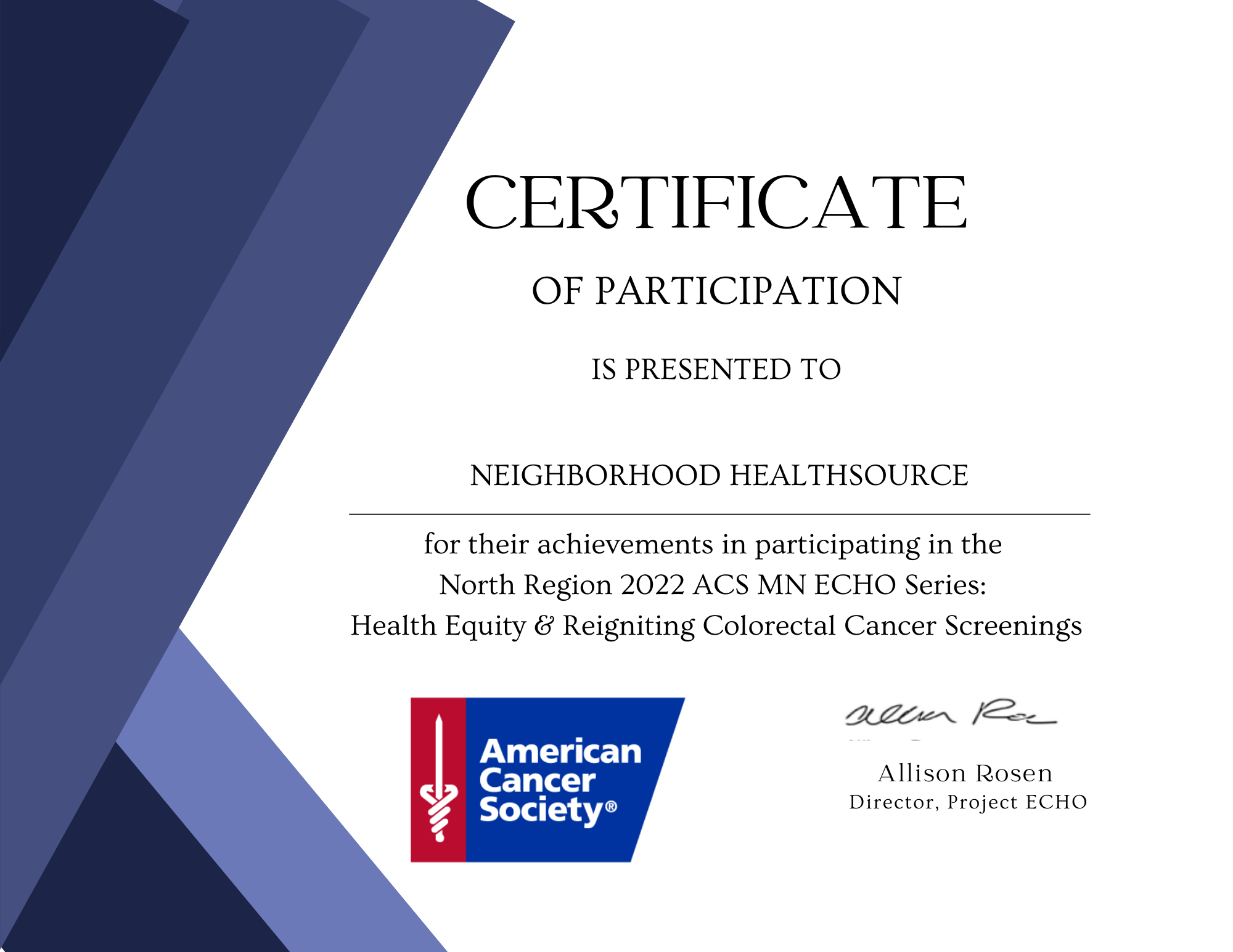 American Cancer Society Recognition Neighborhood HealthSource