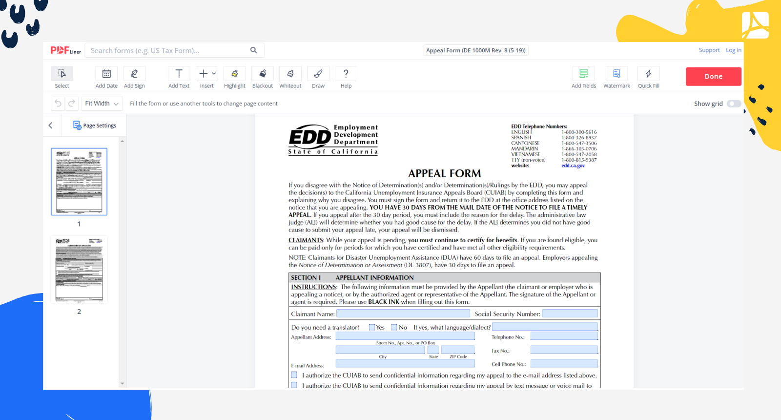 Appeal Form DE 1000M Rev 8 5 19 Blank Sign Form Online PDFliner