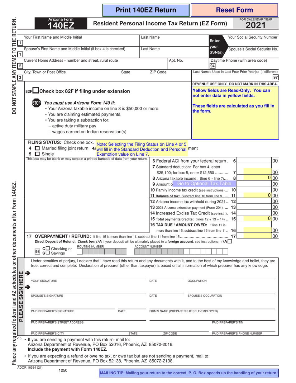 Arizona Form 140EZ ADOR10534 Download Fillable PDF Or Fill Online Resident Personal Income Tax Return Ez Form 2021 Arizona Templateroller