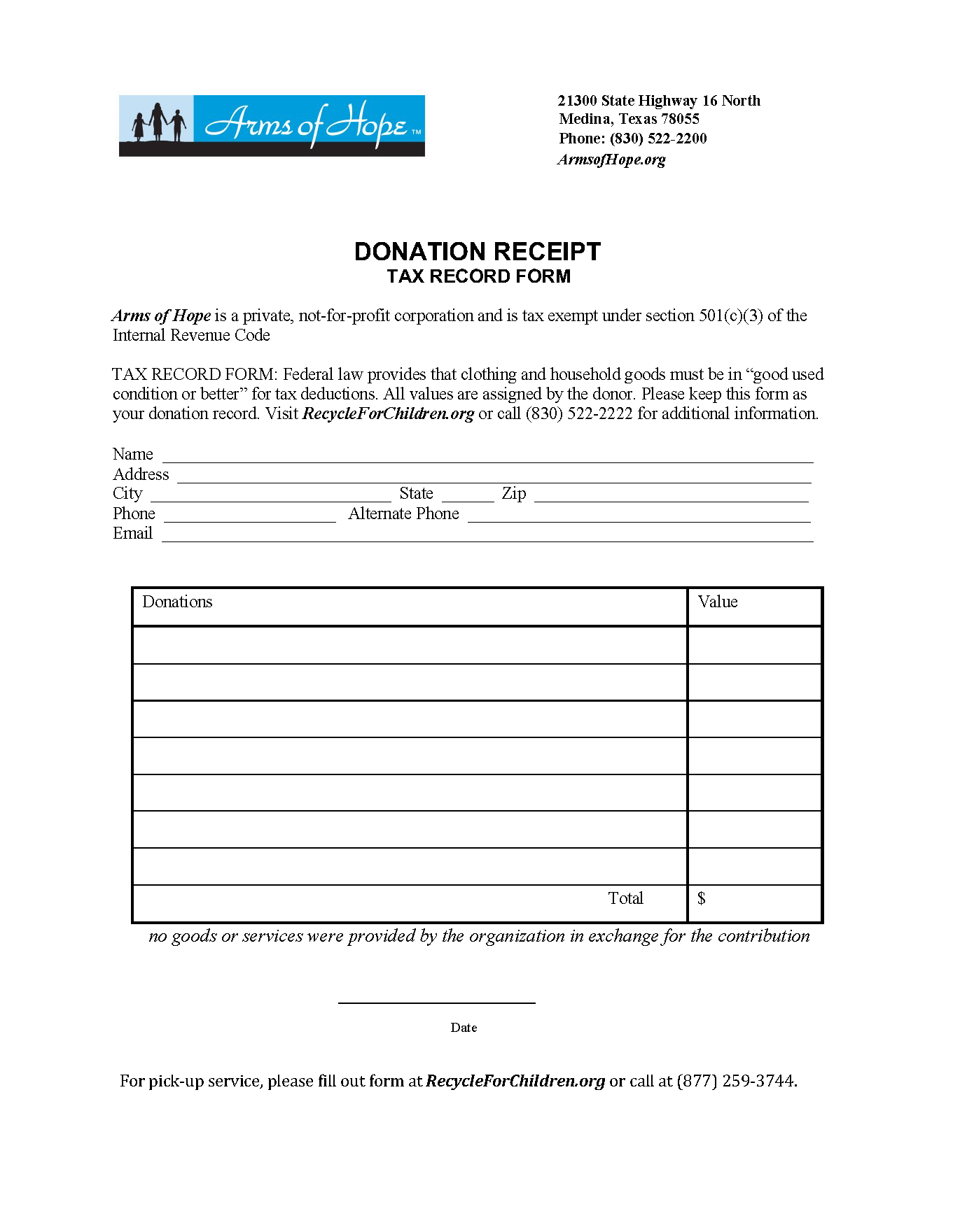 Arms Of Hope Donation Receipt Template Invoice Maker
