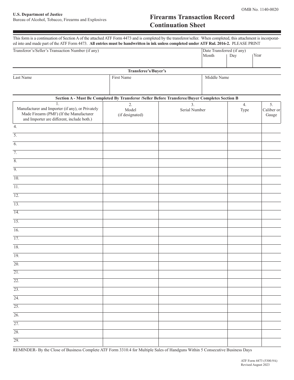 ATF Form 4473 5300 9A Download Printable PDF Or Fill Online Firearms Transaction Record Continuation Sheet 2020 2025 Templateroller