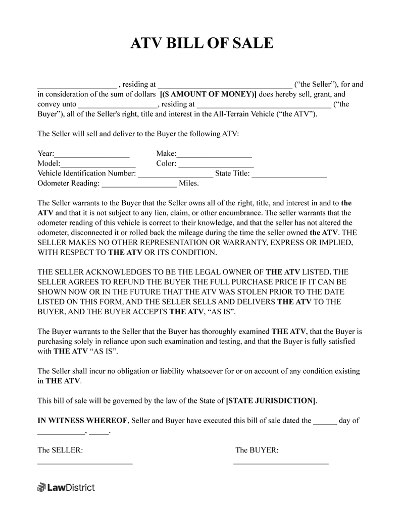 ATV Bill Of Sale Form Sample PDF LawDistrict