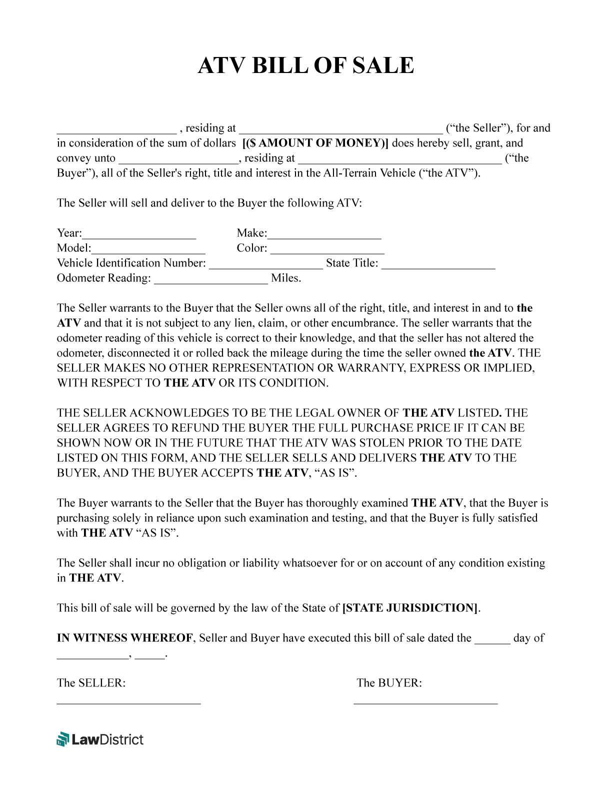 ATV Bill Of Sale Form Sample PDF LawDistrict