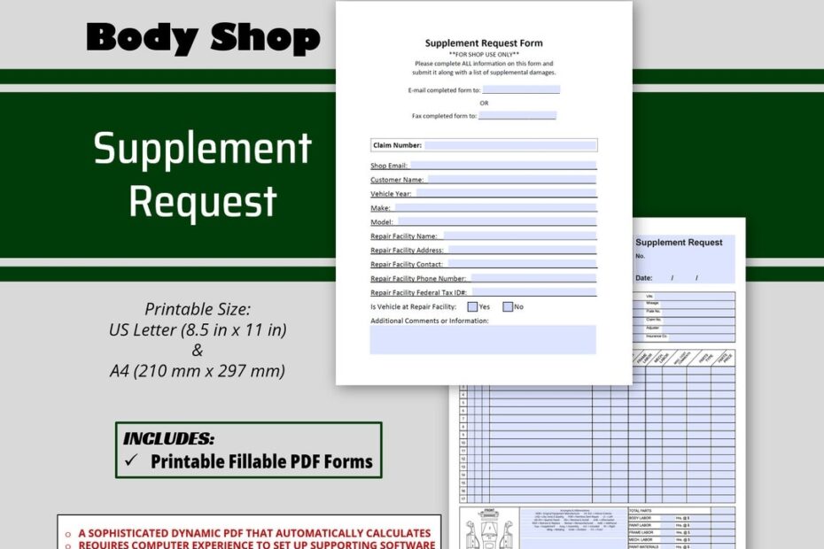 Auto Body Supplement Request Form 2 Page Body Shop Insurance Supplement Form Pdf Printable Repair Supplement Fill Out Collision Supplement Etsy