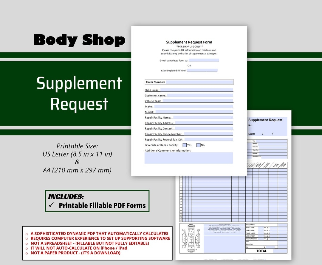 Auto Body Supplement Request Form 2 Page Body Shop Insurance Supplement Form Pdf Printable Repair Supplement Fill Out Collision Supplement Etsy