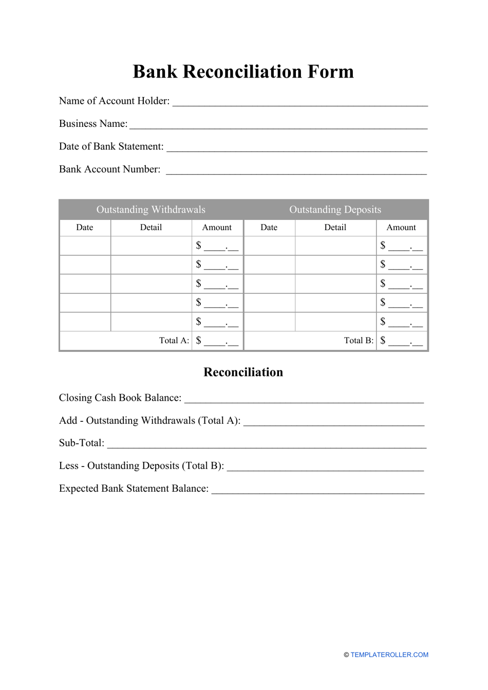 Bank Reconciliation Form Fill Out Sign Online And Download PDF 