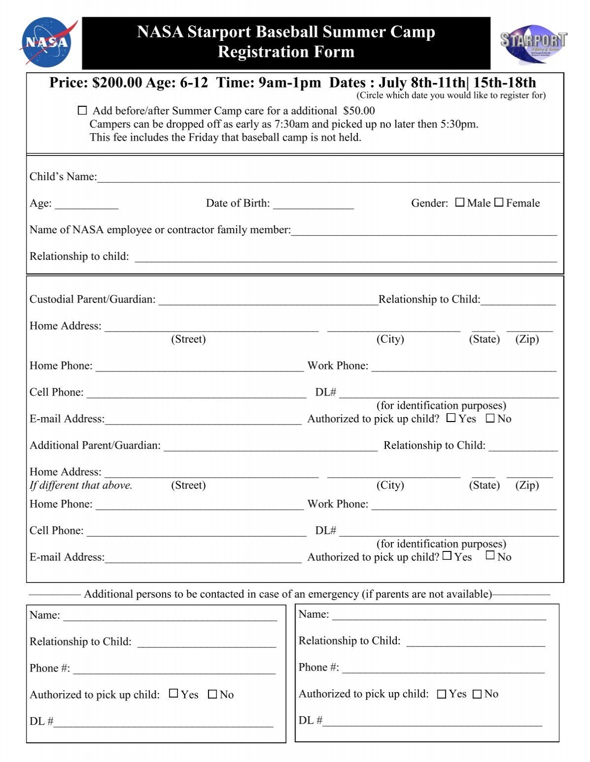 Baseball Camp Registration Forms NASA Exchange JSC