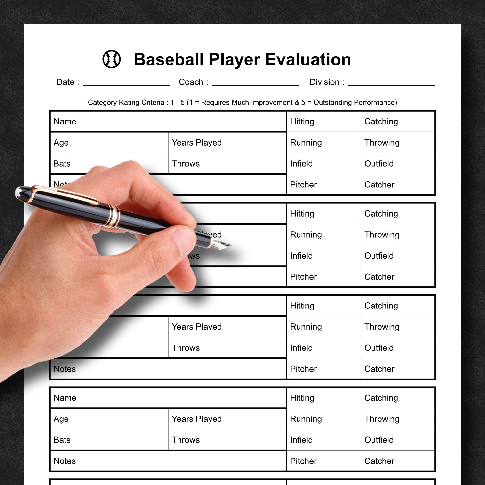 Baseball Player Evaluation Form Skills Assessment Form Tryout 