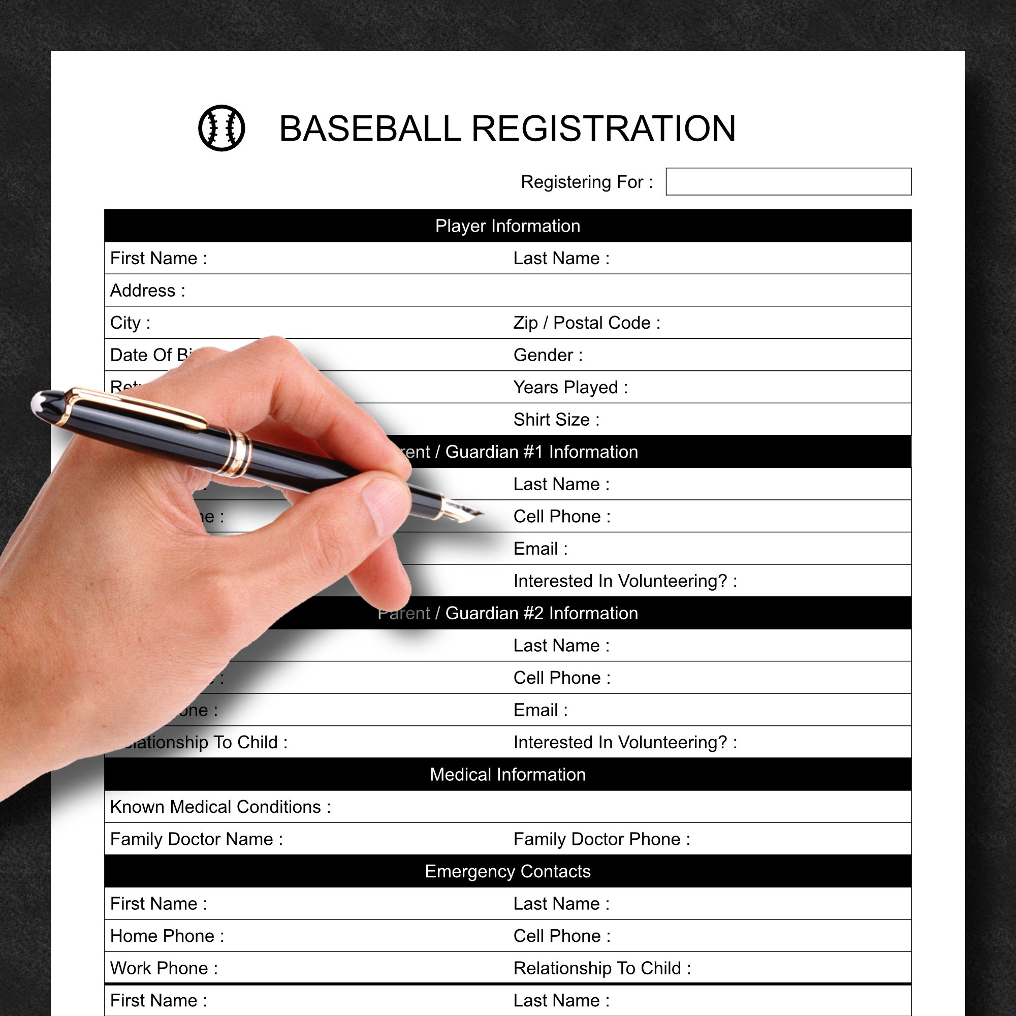 Baseball Registration Form Printable PDF Instant Download Etsy