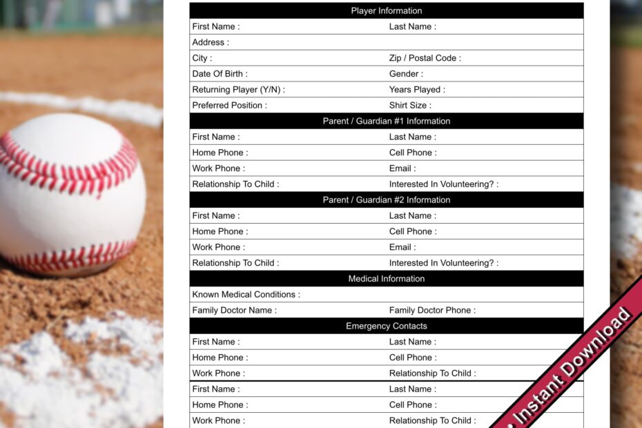 Baseball Registration Form Printable PDF Instant Download Etsy