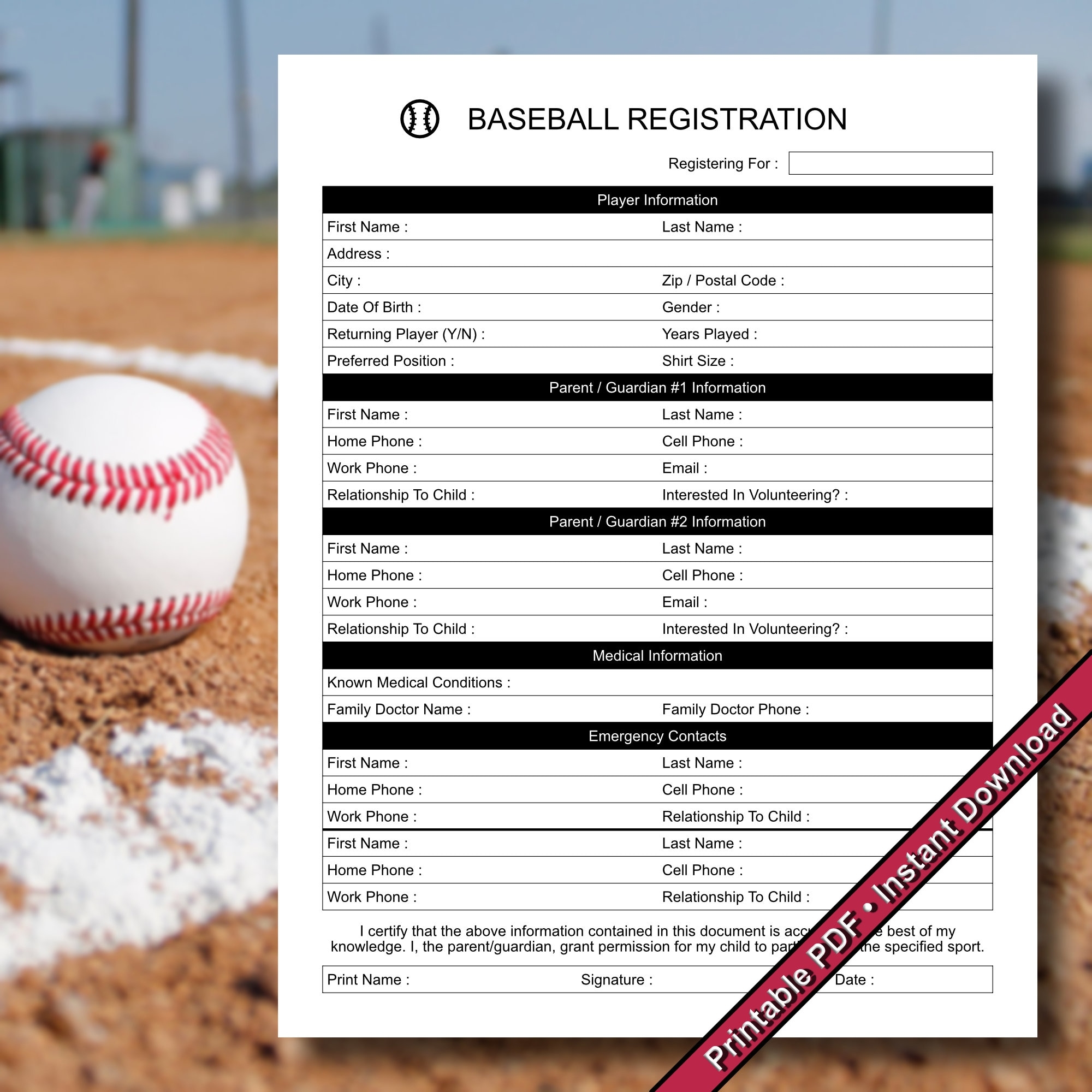 Baseball Registration Form Printable PDF Instant Download Etsy