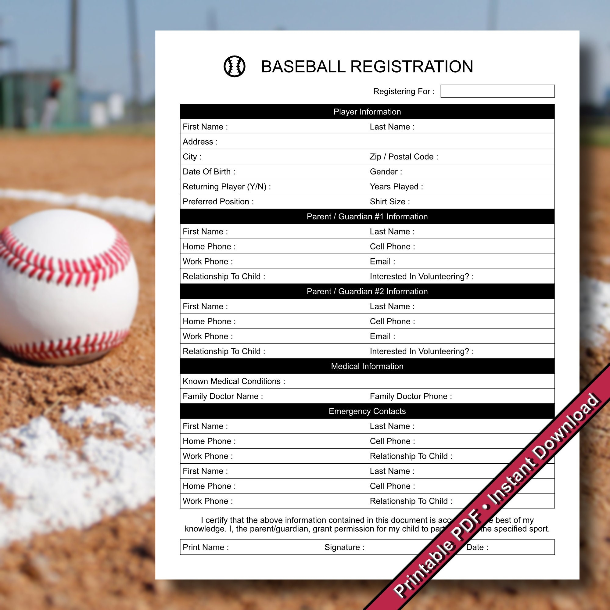 Baseball Registration Form Printable PDF Instant Download Etsy