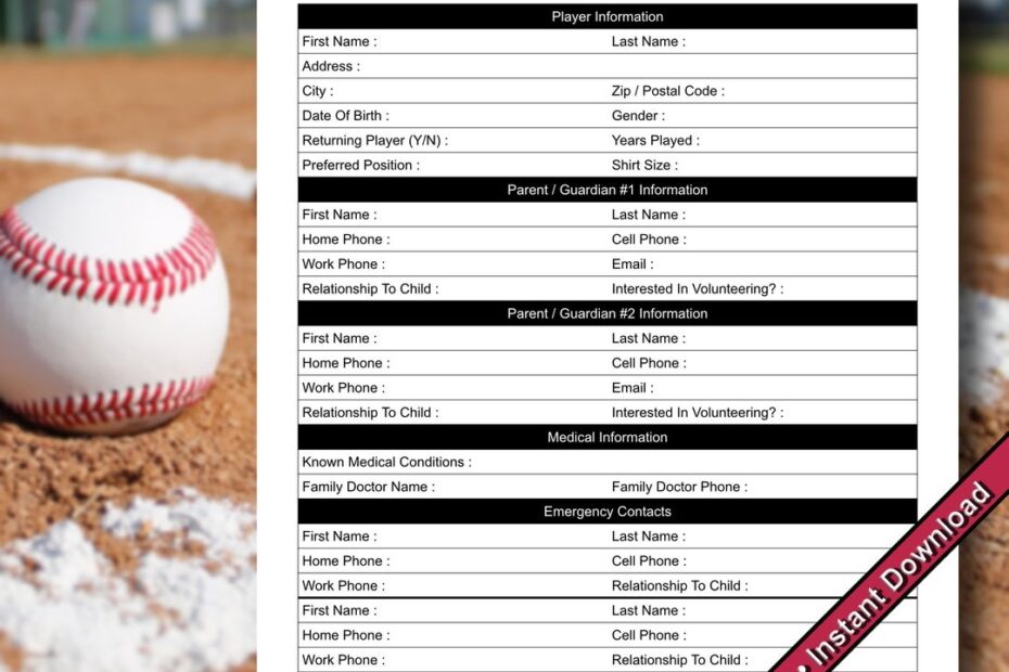 Baseball Registration Form Printable PDF Instant Download Etsy