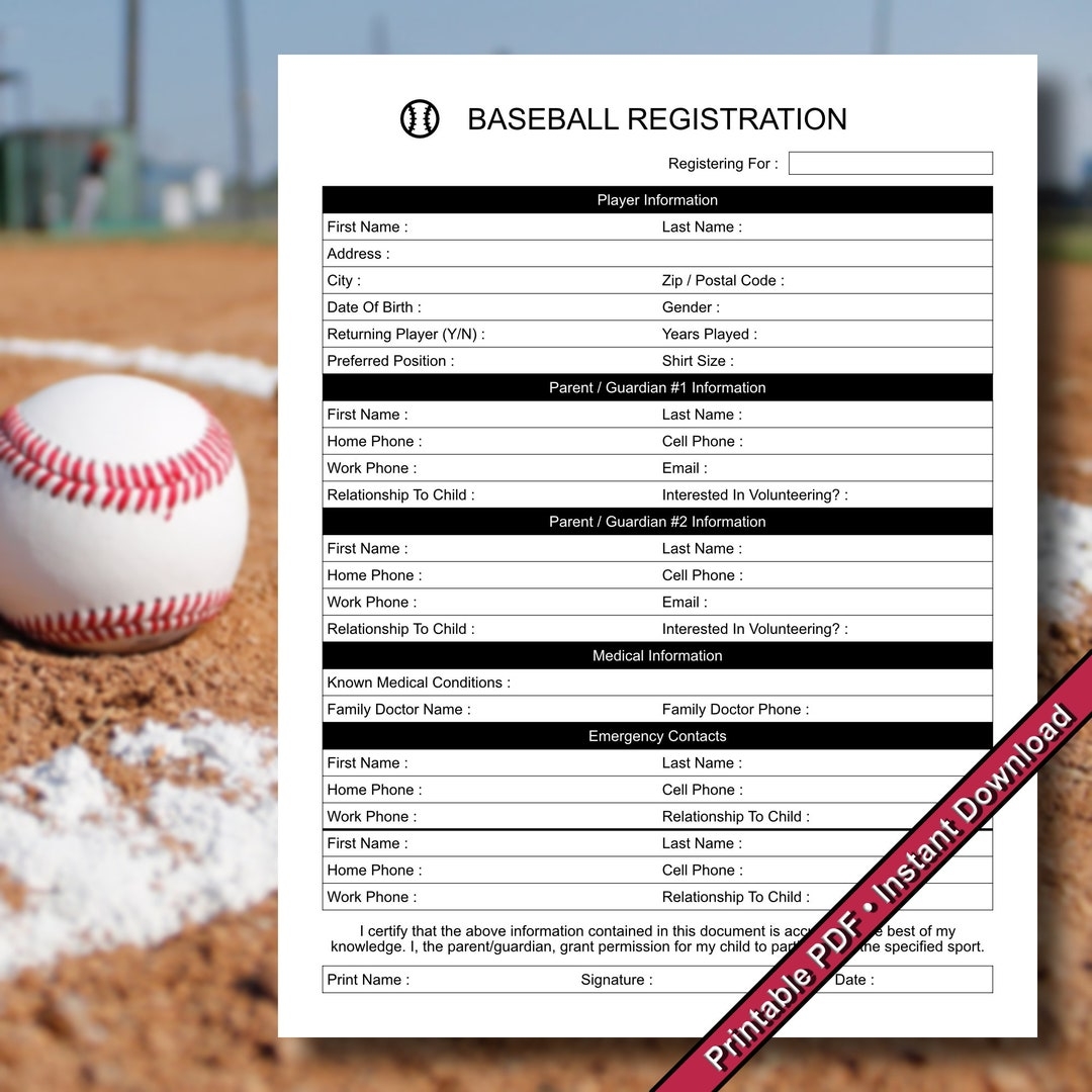 Baseball Registration Form Printable PDF Instant Download Etsy