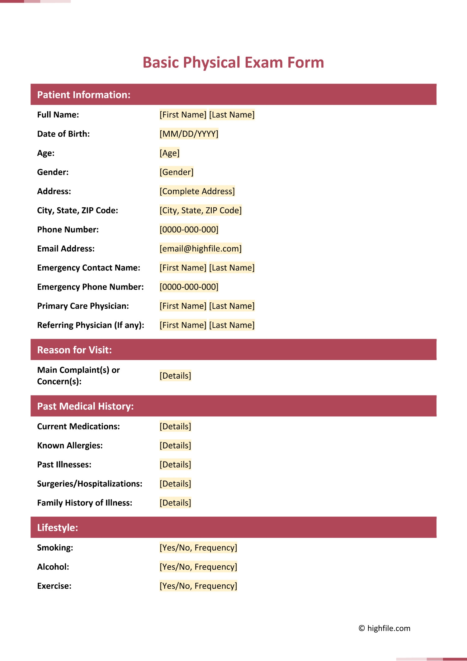 Basic Physical Exam Form Word PDF Google Docs Highfile