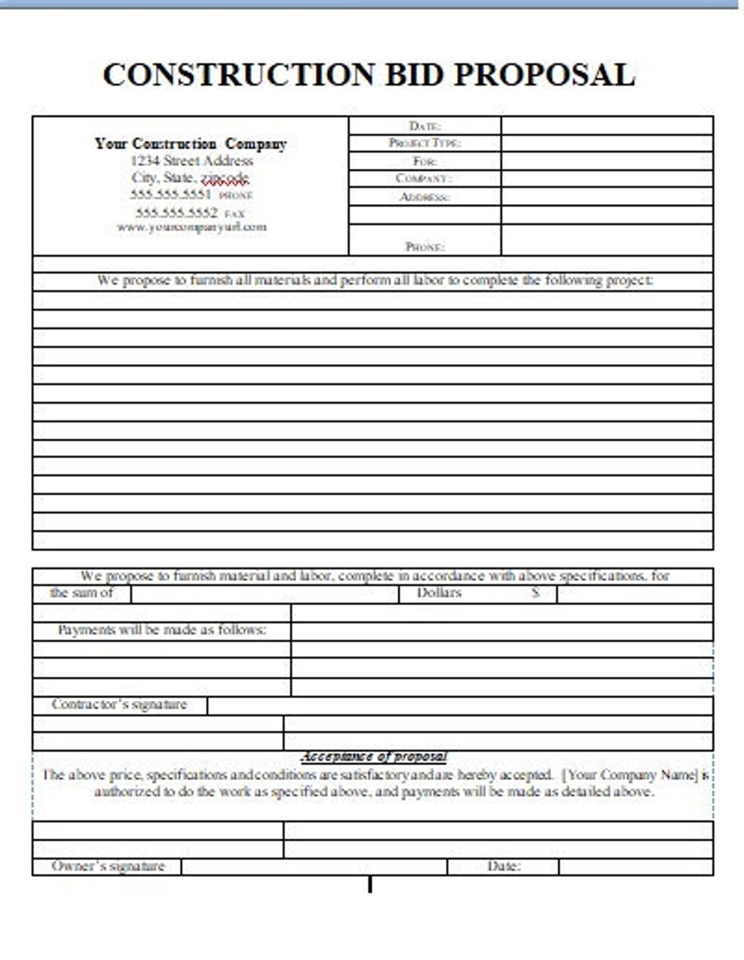 Bid Contruction Proposal Templates PRINTABLE FORM 8 5 By 11 Letter Document Etsy