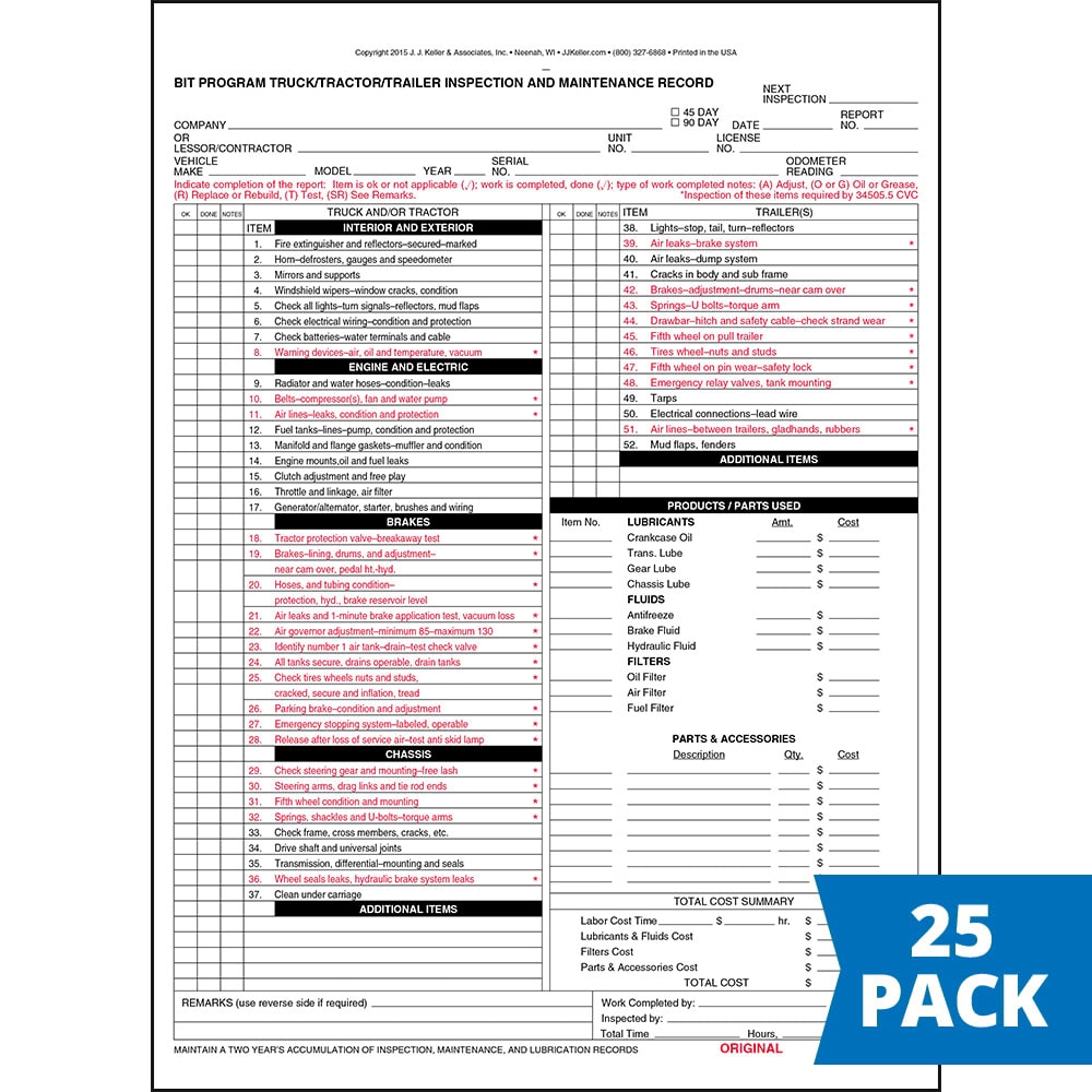 BIT Program Tractor Trailer Truck Inspection U0026 Maintenance Record Form 25 pk Snap Out 3 Ply Carbon 8 5