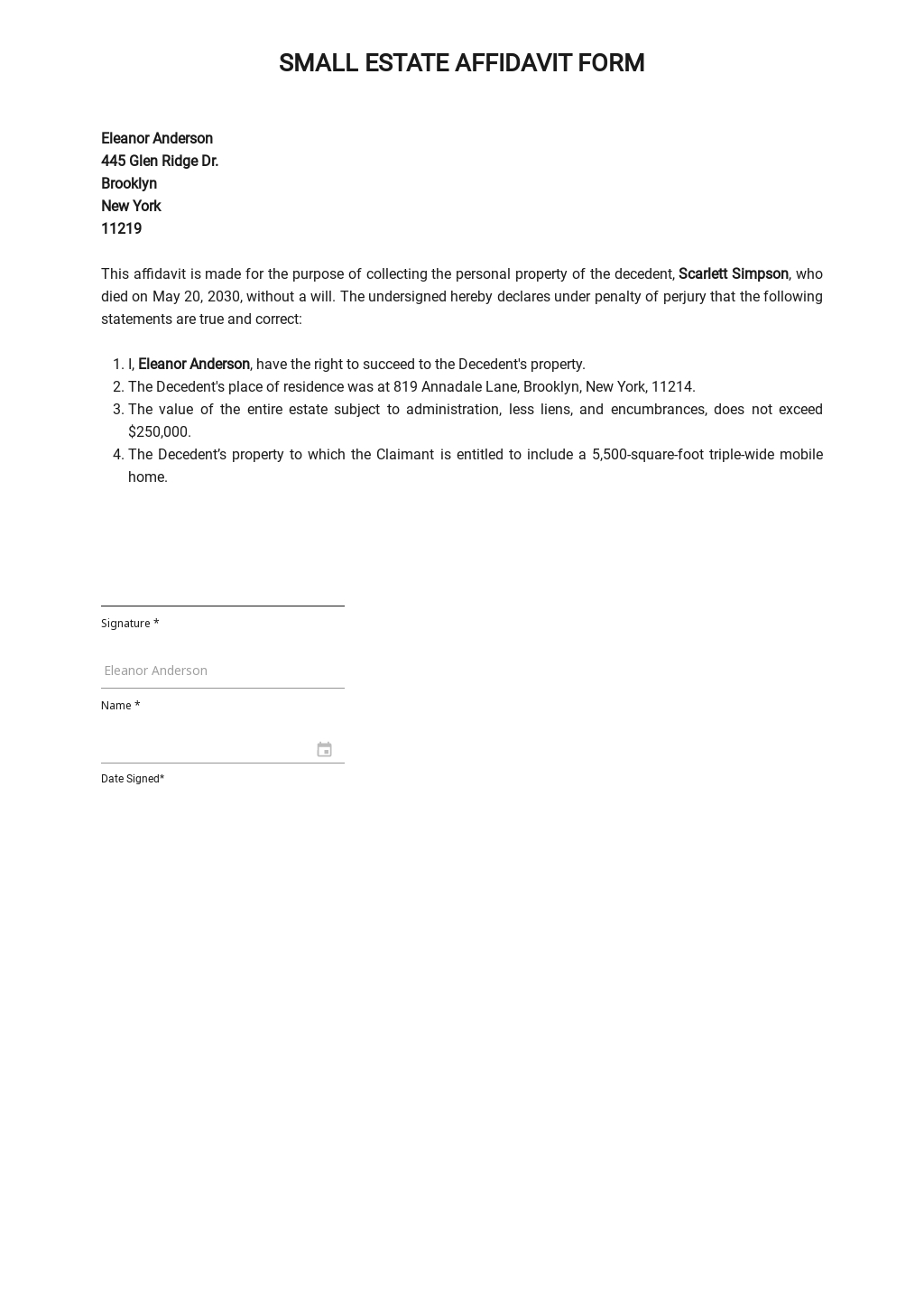 Blank Small Estate Affidavit Form Template In Google Docs Word Download Template