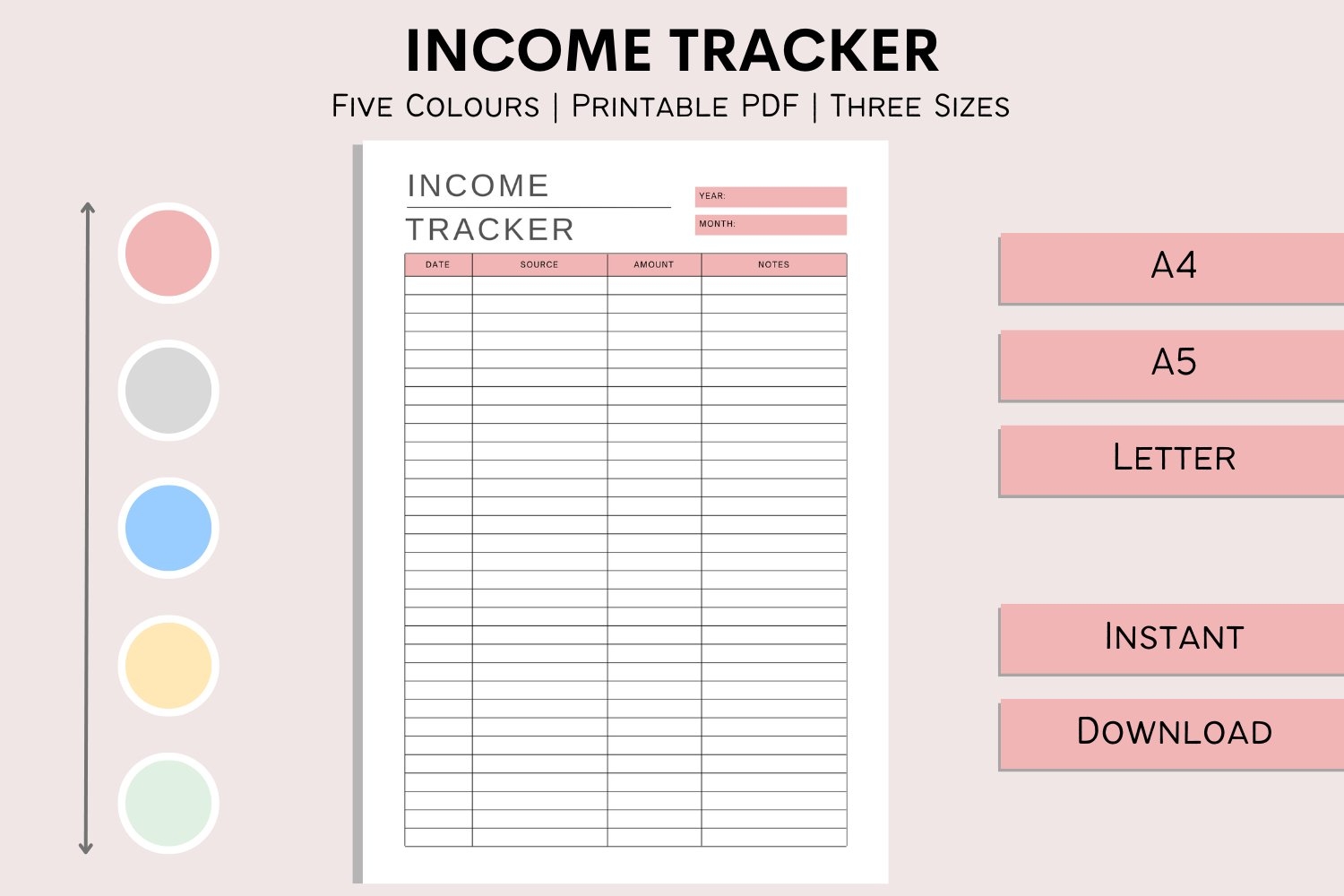 Business Income Tracker Printable 5 Different Colors